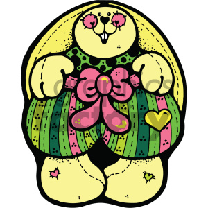 The clipart image shows a stylized, colorful depiction of a bunny or rabbit. The rabbit has a yellow body with black outlines and is holding a large green and black watermelon patterned egg which is decorated with a pink bow. The rabbit has a happy expression, with its pink cheeks blushing and a big smile showcasing two front teeth. Pink inner ears and a yellow head with what appears to be another little rabbit depicted on it make up the rabbit's head. Also, there's a pink heart just above the rabbit's left foot and a yellow heart to the right of the leg