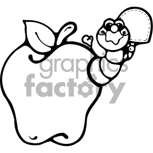 Black and white clipart image of an apple with a cute worm coming out of it, holding a paddle or spade