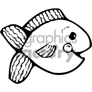   The image is a black and white clipart illustration of a fish. The fish is stylized with a large eye, a prominent mouth, and is depicted with various stripes representing scales on its body, fins, and tail. 