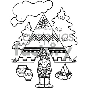 This clipart image features a cute human character, dressed in traditional attire with feathers, standing in front of a decorated teepee. The scene includes trees, pottery, and a campfire, evoking a Native American theme.