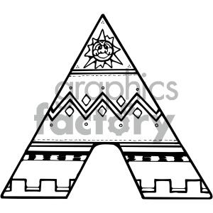 Black and white clipart of a stylized tipi with geometric patterns and a sun design at the top.