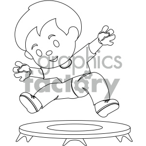 black and white coloring page boy jumping on trampoline vector illustration
