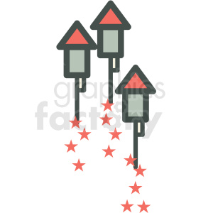 Clipart image of three bottle rockets with red star effects representing fireworks.