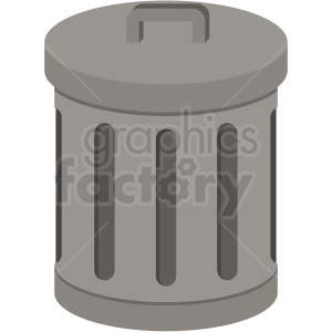 A clipart image of a grey trash can with a lid and handle.