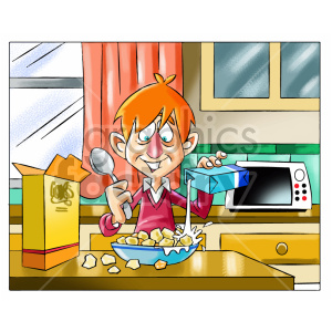 The clipart image depicts a cartoon boy in a kitchen setting enjoying his morning breakfast routine. The boy has a mischievous expression and ginger hair. He is holding a spoon in one hand and tipping a carton of milk with the other, pouring it into a bowl filled with cereal. A cereal box is situated on the kitchen counter, alongside other typical kitchen appliances like a microwave. The background includes a window with curtains, providing a view outside.