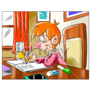   The image shows a cartoon child, likely a boy, who appears to be working on homework. He is sitting at a desk with a notebook in front of him and is writing with a pencil. To the left, we see a part of a window with a red curtain, through which daylight is coming. A lamp and a mug are also visible on the desk. To the right, we see part of a wooden chair and there is also a photo frame hanging on the wall. On the desk, there