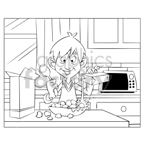This is a black and white clipart image depicting a young boy in a kitchen setting, having breakfast. He seems to be enjoying his meal, which includes a bowl of cereal. Around him are a cereal box, a spoon in his hand, and carton from which he appears to have poured milk into the bowl. Behind him is a countertop with a microwave oven. The image captures a cheerful morning routine often identifiable with kids.