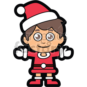 Clipart of a boy in a Santa outfit with a Christmas hat, smiling and spreading his arms.