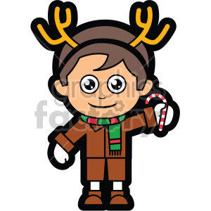 A cartoon boy wearing antlers and holding a candy cane, dressed in winter clothing with a festive scarf.