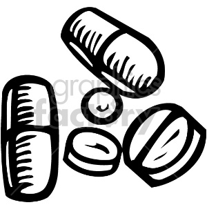 The image is a black and white clipart of various pills. There is a capsule, a round tablet with a score line, and two types of pills or tablets that appear to be bisected, possibly indicating the option of splitting them for dosage.