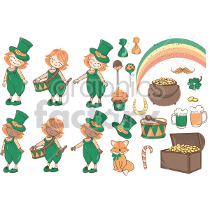 A St. Patrick's Day themed clipart set featuring cheerful leprechauns, a rainbow, pots of gold, a horseshoe, shamrock, beer mugs, a treasure chest, and festive decorations.