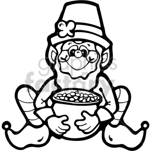 A cheerful leprechaun holding a pot of gold, wearing a traditional hat with a shamrock, and curly shoes, associated with St. Patrick's Day and Irish folklore.