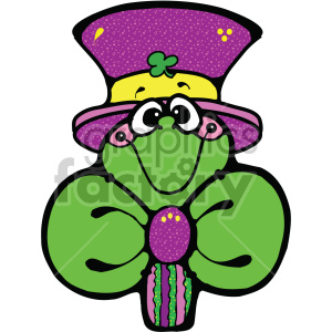 A whimsical clipart image featuring a cartoon character styled as a clover with leprechaun elements, including a purple hat and a green shamrock.