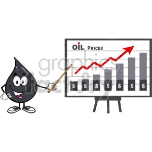 royalty free rf clipart illustration happy petroleum or oil drop cartoon character pointing to a growth graph for oil prices vector illustration isolated on white background