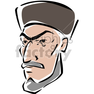 Stylized clipart image of a man's face with a mustache and traditional hat.