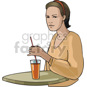 Clipart image of a woman sitting at a table with a glass of orange juice and a straw.