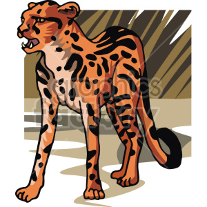   The clipart image depicts a leopard, one of the big cats, in a standing position with its right paw raised and its mouth slightly open. The image is colored in shades of yellow and brown with black spots, which is characteristic of leopard