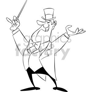 A black and white clipart illustration of a cartoon magician wearing a bow tie and top hat with a magic wand in hand, smiling and posed energetically.