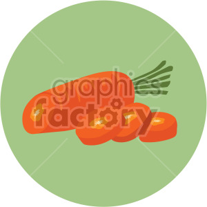 A clipart image of a whole carrot with three carrot slices on a green circular background.