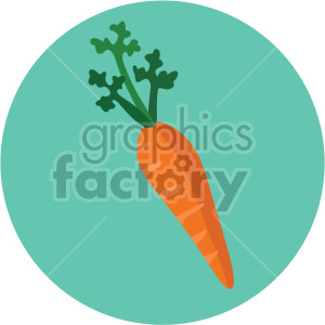Illustration of an orange carrot with green leaves on a turquoise circular background.