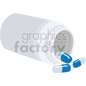 An illustration of a pharmaceutical bottle tipped over with blue capsules spilling out.