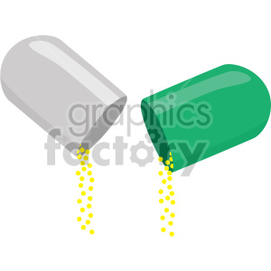 Clipart image of an opened capsule pill with yellow granules spilling out.