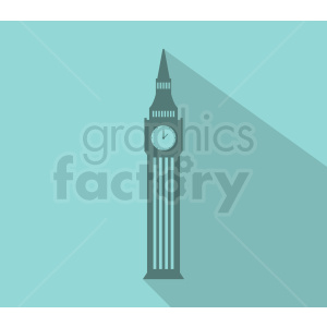 A flat design clipart image of Big Ben, the iconic clock tower in London, with a minimalist turquoise background and a long shadow effect.