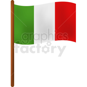 This image depicts a clipart of the flag of Italy, featuring its iconic vertical tricolor design with green, white, and red panels, attached to a brown flagpole.