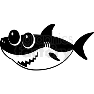 A black and white clipart image of a friendly cartoon shark with large eyes and a wide smile, featuring noticeable gills and fin details.