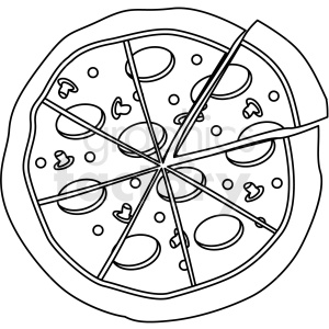 A black and white clipart image of a pizza with toppings such as mushrooms and pepperoni, cut into slices.