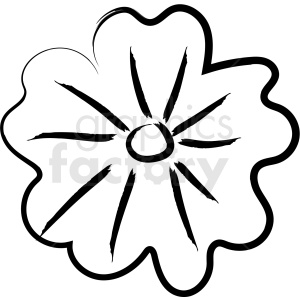 A simple black and white clipart drawing of a flower with a central circle and radiating petal-like lines.