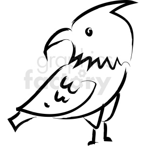 A black and white clipart image of a bird drawn in a minimalistic, sketchy style.