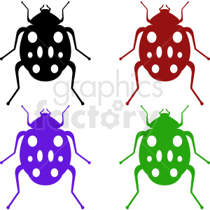 Clipart image of four beetles with different colors: black, red, purple, and green.