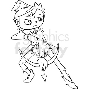  The image depicts a line art illustration of a boy characterized as a Robin Hood-like figure. He is shown holding a bow and arrow, ready for hunting. The character is wearing a feathered cap and medieval clothing typical of the Robin Hood legend. Notably, the boy also has what seems to be a tattoo on his arm, which is stylized with two stripes. The character has an intense and determined expression, suggesting he