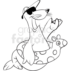 The image is a black and white clipart illustration of a seal wearing sunglasses. The seal is relaxing and swimming on a float ring that is designed to look like a sea creature, possibly a giraffe due to the long neck and the pattern of spots. The seal is depicted in a playful and cheerful pose, indicative of a fun summer activity.