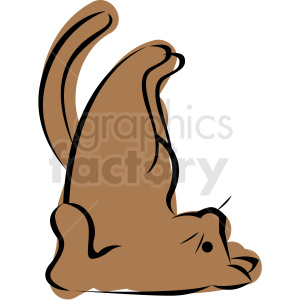 The image is a clipart illustration of a brown cat stretching in a yoga-like pose, with its back arched and tail pointing upwards.