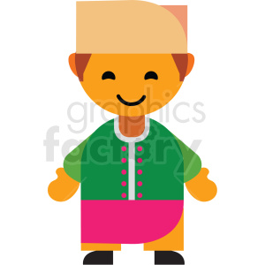 Clipart of a smiling Indonesian man in traditional clothing, wearing a hat and a green jacket over pink pants.