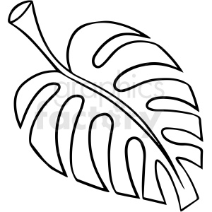 The clipart image is a black and white cartoon illustration of a jungle leaf. The leaf has a jagged edge and several veins running through it. It is shown from the front with the stem extending out to the right. The image is in vector format, which means it can be scaled up or down without losing quality.
