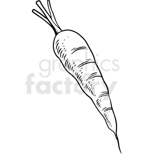 Black and white clipart image of a carrot with visible root and top.