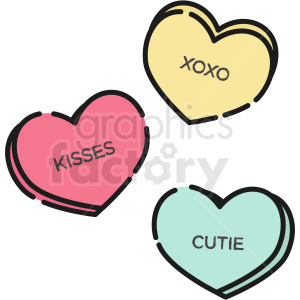 Clipart image of three heart-shaped Valentine's Day candies with messages 'Kisses,' 'XOXO,' and 'Cutie.'