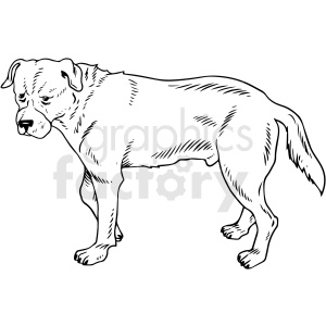 The image is a black and white clipart of a dog. The dog is depicted in a standing position with its head turned slightly to the side, showcasing its profile.