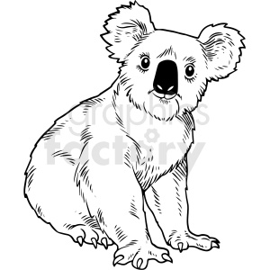   The clipart image shows a black and white, realistic vector illustration of a koala bear. The koala is depicted in a seated position, facing forward, with its arms hanging down and its large ears visible on either side of its head. The illustration is highly detailed, capturing the texture of the koala