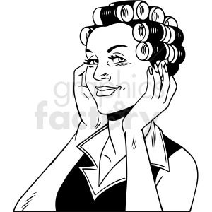 A black and white clipart illustration of a woman with curlers in her hair styled in a vintage fashion. The woman is smiling and has her hands gently placed on her face.