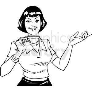 A black and white clipart image of a smiling woman holding a teacup. The woman has short hair and is wearing a collared shirt with bracelets on her wrist. She appears to be gesturing with her other hand.