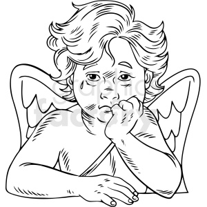   The clipart image depicts a vintage-style black and white illustration of a crying Cupid, who is an angelic figure from Roman mythology known for being the god of love. The image features a baby-like Cupid sitting down and shedding tears from his eyes. The illustration can be associated with Valentine