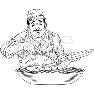   The clipart image shows a vintage black and white illustration of a man, possibly a father or dad, grilling sausages on a barbecue grill. He is wearing a chef