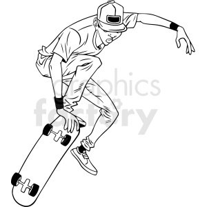 black and white cartoon skateboarder doing tricks vector illustration