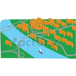 This is a clipart image of an aerial view of a city land, featuring a river running through it. The illustration includes buildings, green spaces, and boats on the river.