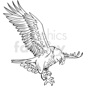A black and white clipart image of a majestic eagle in flight with outstretched wings and sharp talons, ready to strike.