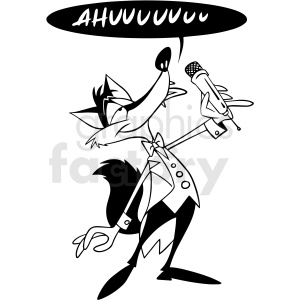 A black and white cartoon illustration of a wolf dressed in a suit and bow tie, holding a microphone and singing with the text 'AHUUUUUUU' in a speech bubble above its head.